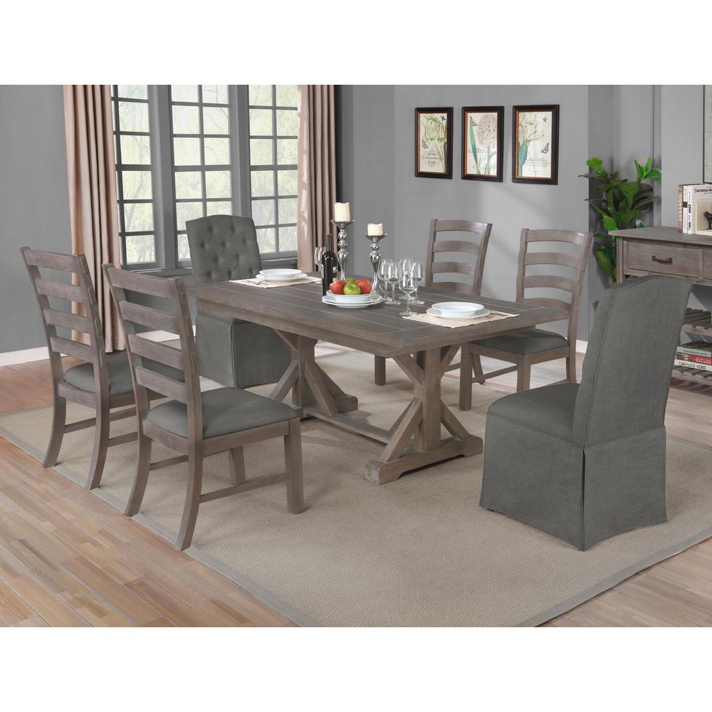 7pc Dining Set, Table w/ 34" Trestle, 2 Tufted Skirted Chairs & 4 Side Chairs. Picture 1