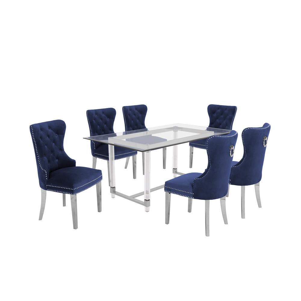Acrylic Glass 7pc Set Tufted Stainless Steel Chairs in Navy Blue Velvet. Picture 1