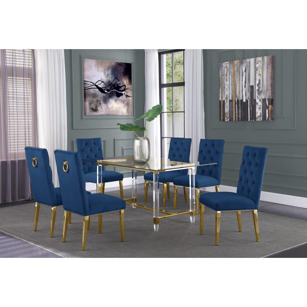 Acrylic Glass 7pc Gold Set Tufted Ring Chairs in Navy Blue Velvet. Picture 1