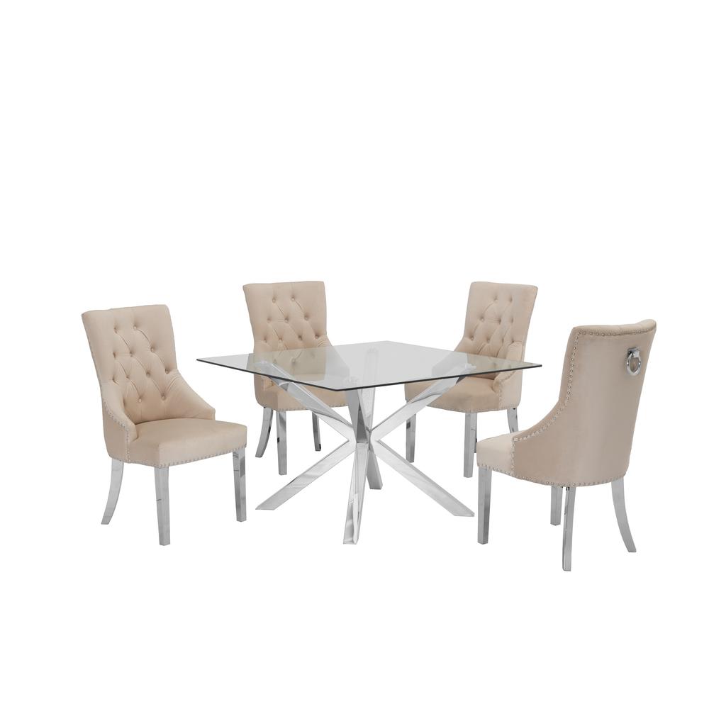 Stainless Steel 5 Piece Dining Set, Beige Velvet w/ Back Ring 594. Picture 1