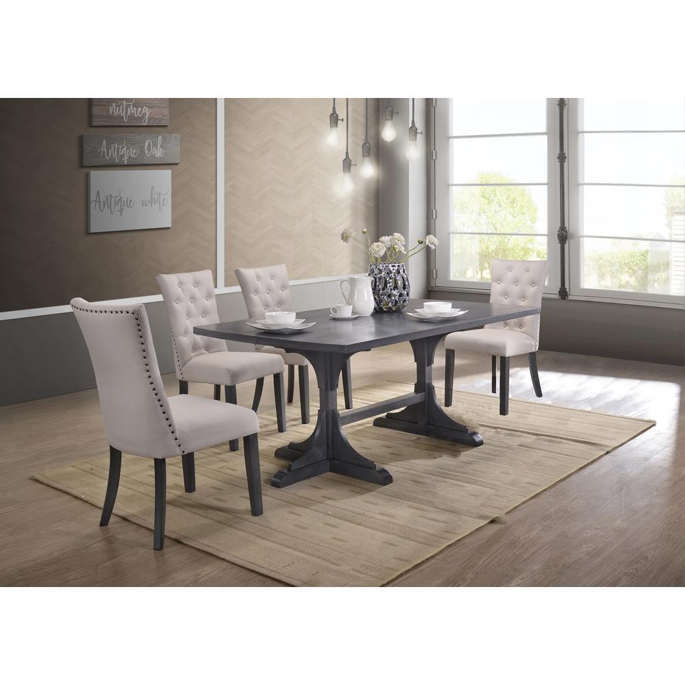 5 Piece Dining Set, Weathered Gray Dining Table & 5 Side Chairs in Beige Linen. Picture 2