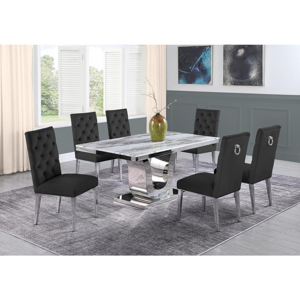 White Marble 7pc Set Ring Chairs in Black Velvet. Picture 1