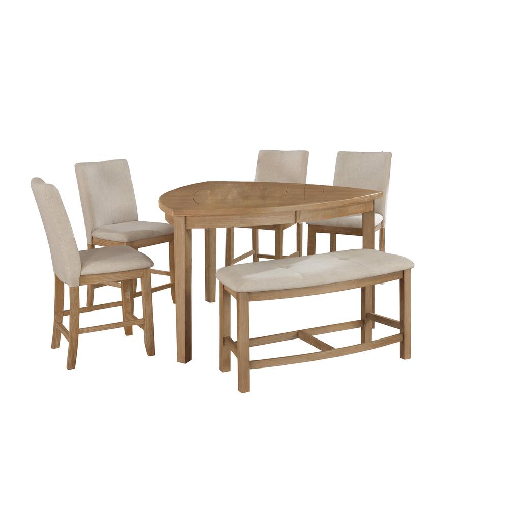 6pc Counter Height Dining Set in Rustic Wood Finish, Petal-Shaped Table, 4 Chairs & 1 Bench in Beige. Picture 1