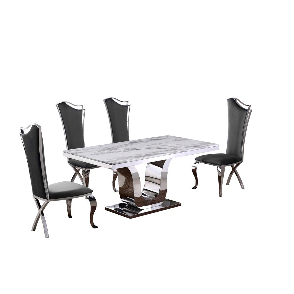 White Marble 5pc Set Non-Tufted Stainless Steel Chairs in Dark Grey Velvet. Picture 2