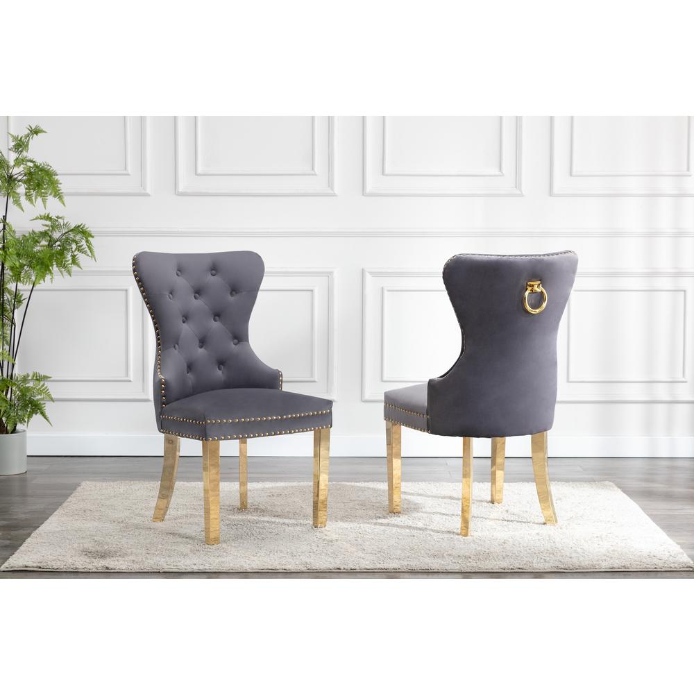 Velvet Tufted Side Chair Set of 2, Stainless Steel Gold Legs, Dark grey. Picture 1