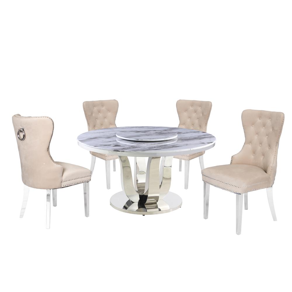 White Marble Round 5 piece Dining Set Ring Chairs in Cream Velvet - Lazy Susan. Picture 1