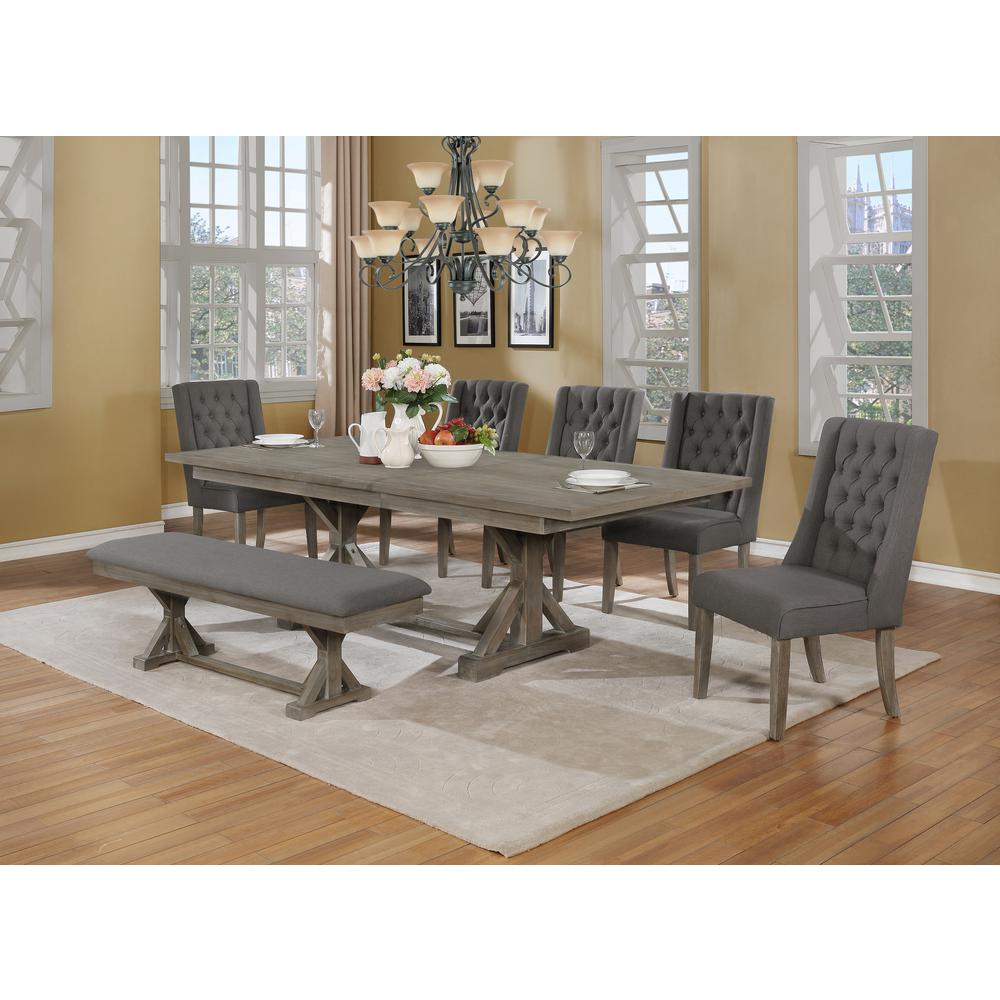 Classic Extension Dining 7 Piece Set w/18"Center Leaf, Bench & 5 Chairs in Dark Grey Linen. Picture 1