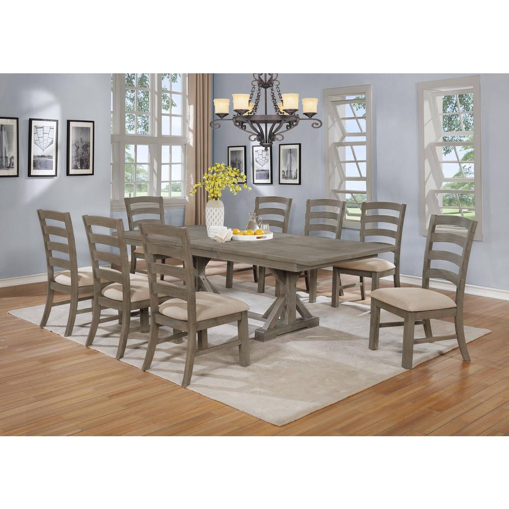 Classic 9pc Dining Set with Extendable Dining table with 18" Leaf and Wood and Linen Side Chairs. Picture 1