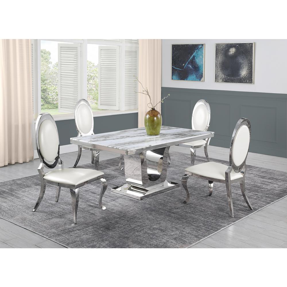 White Marble 5pc Set Stainless Steel Chairs in White Faux Leather. Picture 1