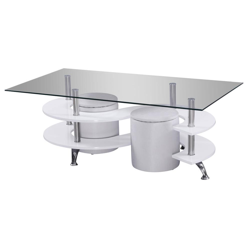 High Gloss Lacquer Coffee Table with Glass Top, Faux Leather Stools, and Stool Storage, White. Picture 1