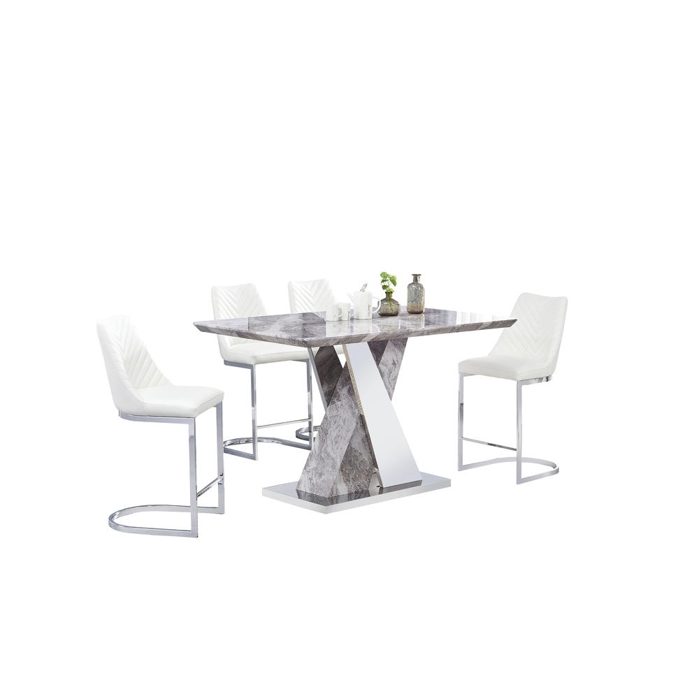 Classic 5 Piece Dining Set: White Faux Marble Counter Height Table, 4 White Faux Leather Side Chairs Chrome. The main picture.