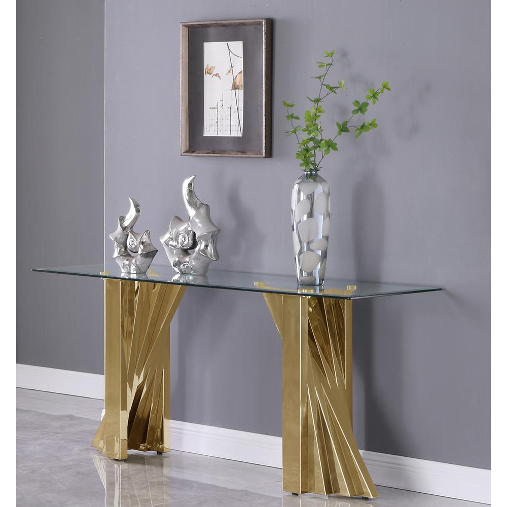 Glass Console Table with Stainless Steel Double Gold Base. Picture 1