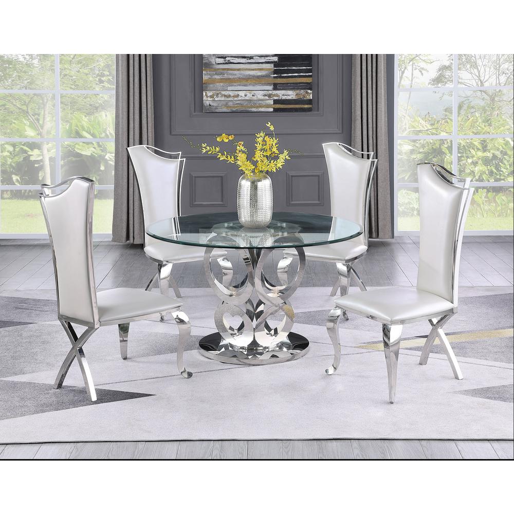 Round Style 5pc Glass Dining Set Stainless Steel Chairs in White Faux Leather. Picture 1