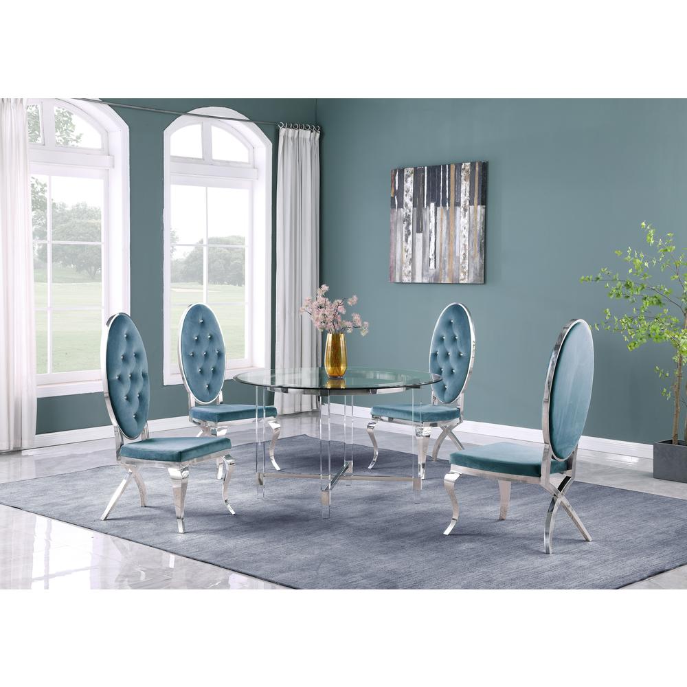 Round 5 Piece Dining Set: Glass Table Acrylic, 4 Dining Chairs Faux Crystal in Teal Blue Velvet. Picture 1