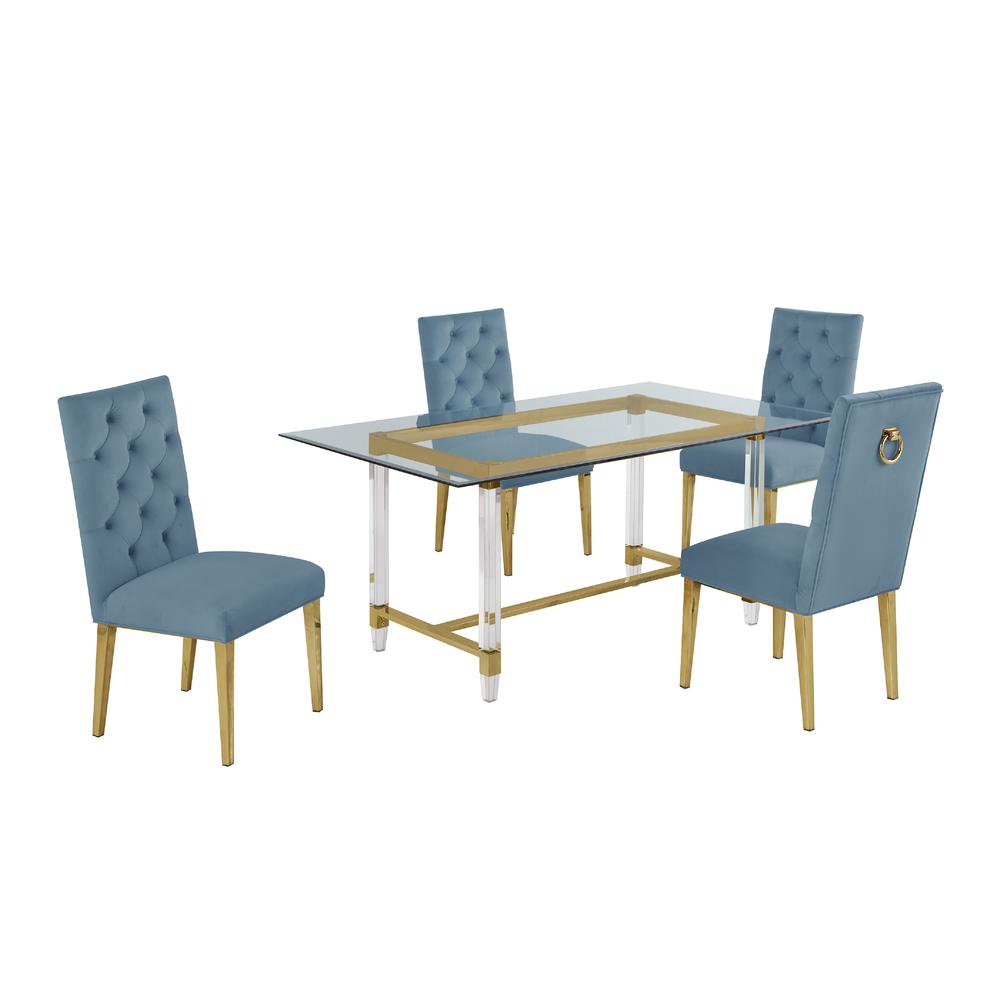 Acrylic Glass 5pc Gold Set Tufted Ring Chairs in Teal Blue Velvet. Picture 2