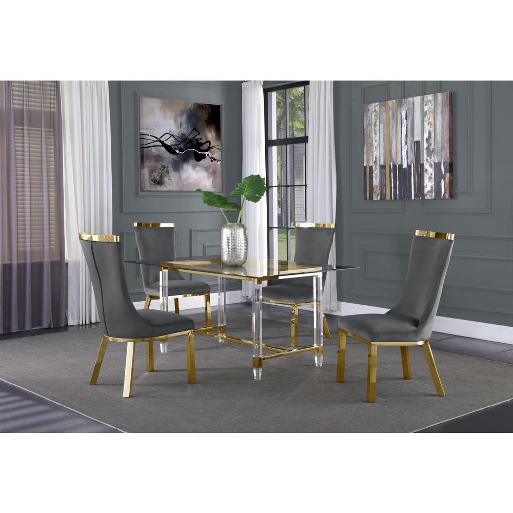 Acrylic Glass 5pc Gold Set Stainless Steel Chairs in Dark Grey Velvet. Picture 1
