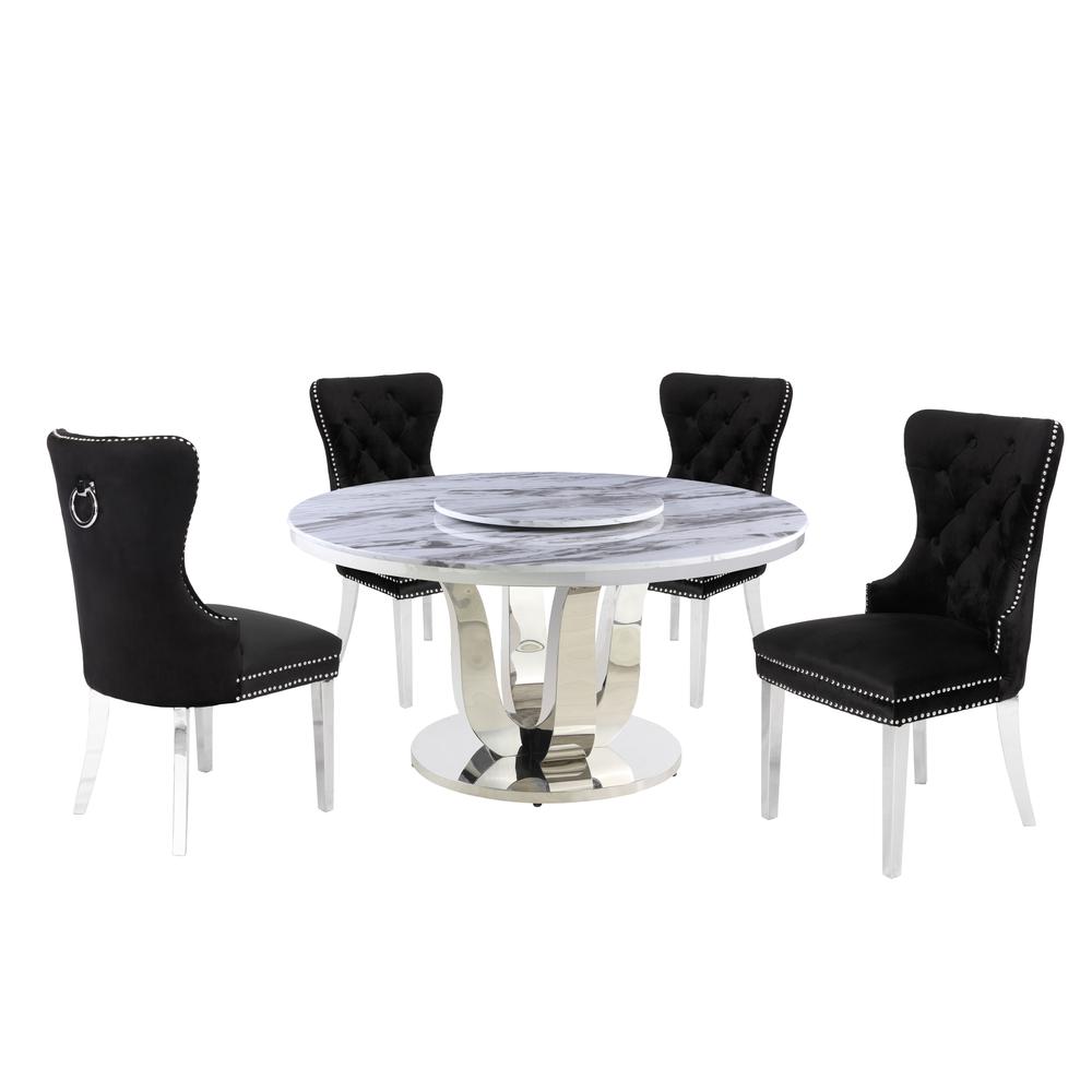 White Marble Round 5 piece Dining Set Ring Chairs in Black Velvet - Lazy Susan. Picture 1
