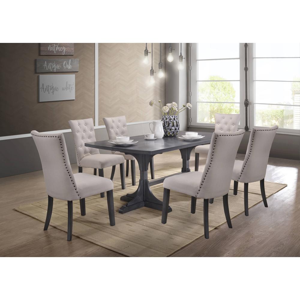 Classic 7pc Dining Set with Weathered Gray Dining Table, Uph Side Chairs Tufted & Nailhead Trim, Beige. Picture 1