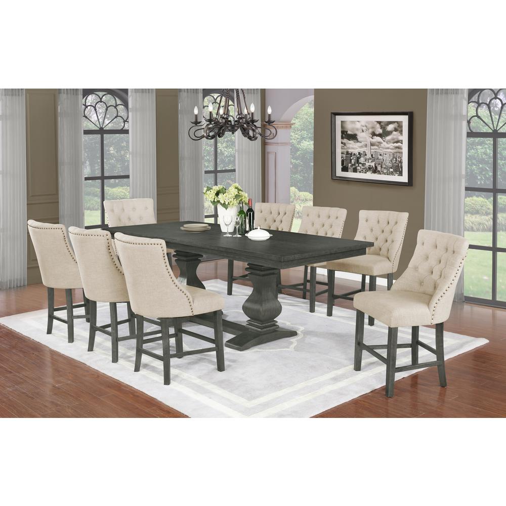 9pc Counter Height Dining Set, Chairs in Beige, Table w/ 18" Center Leaf in Dark Grey Mahogany. Picture 1