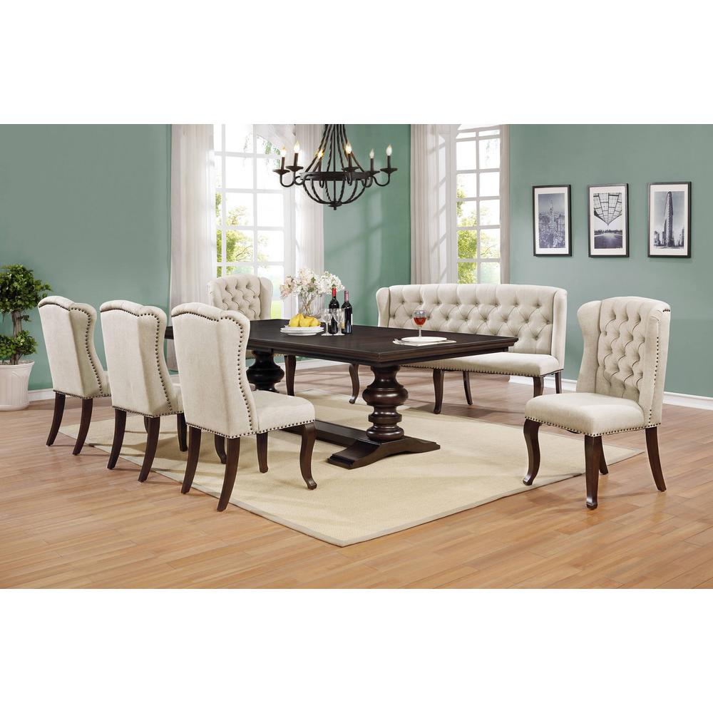 Classic 7pc Dining Set w/Uph Bench & Wingback Chairs Tufted & Naildhead Trim, Table w/Center 20" Leaf, Beige. Picture 1