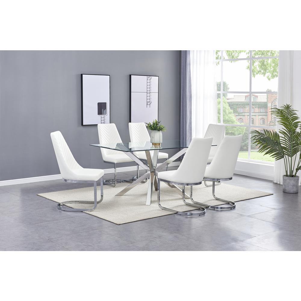 Rectangular Tempered Glass 7pc Set Chrome Chairs in White Faux Leather. Picture 1