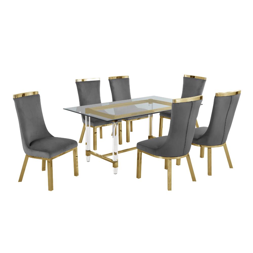 Acrylic Glass 7pc Gold Set Stainless Steel Chairs in Dark Grey Velvet. Picture 2