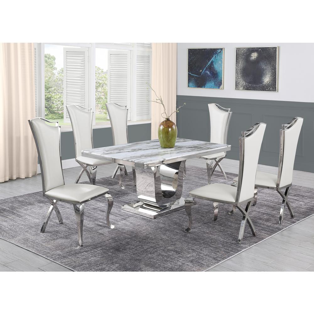 White Marble 7pc Set Highback Chairs in White Faux Leather. Picture 1