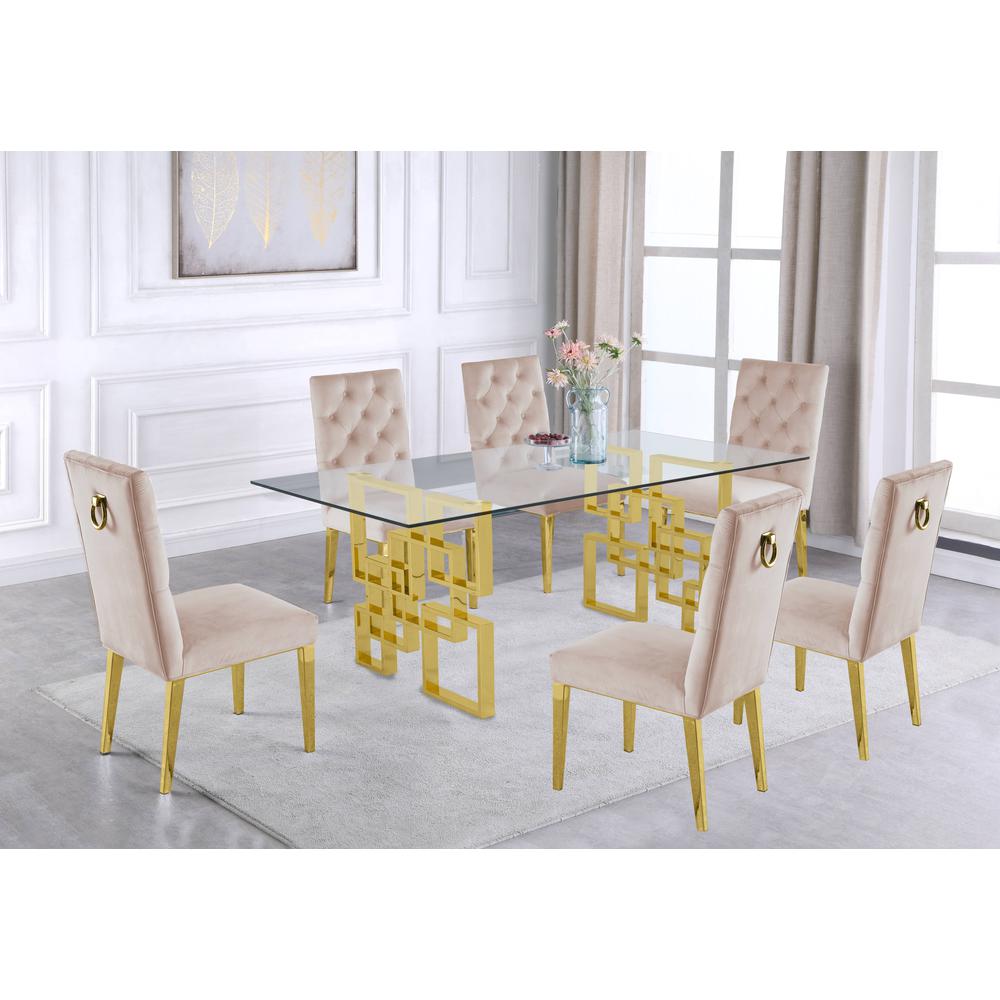 Gold Tempered Glass 7 Piece Dining Set Ring Chairs in Cream Velvet. Picture 1