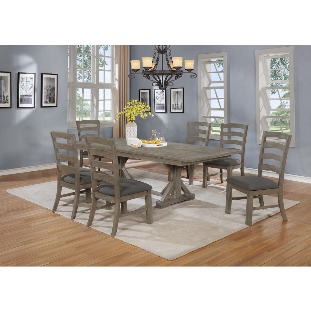 7 Piece Dining Set Extendable w/18"Center Leaf Extension & 6 Ladder-Back Chairs in Dark Grey Linen. Picture 2