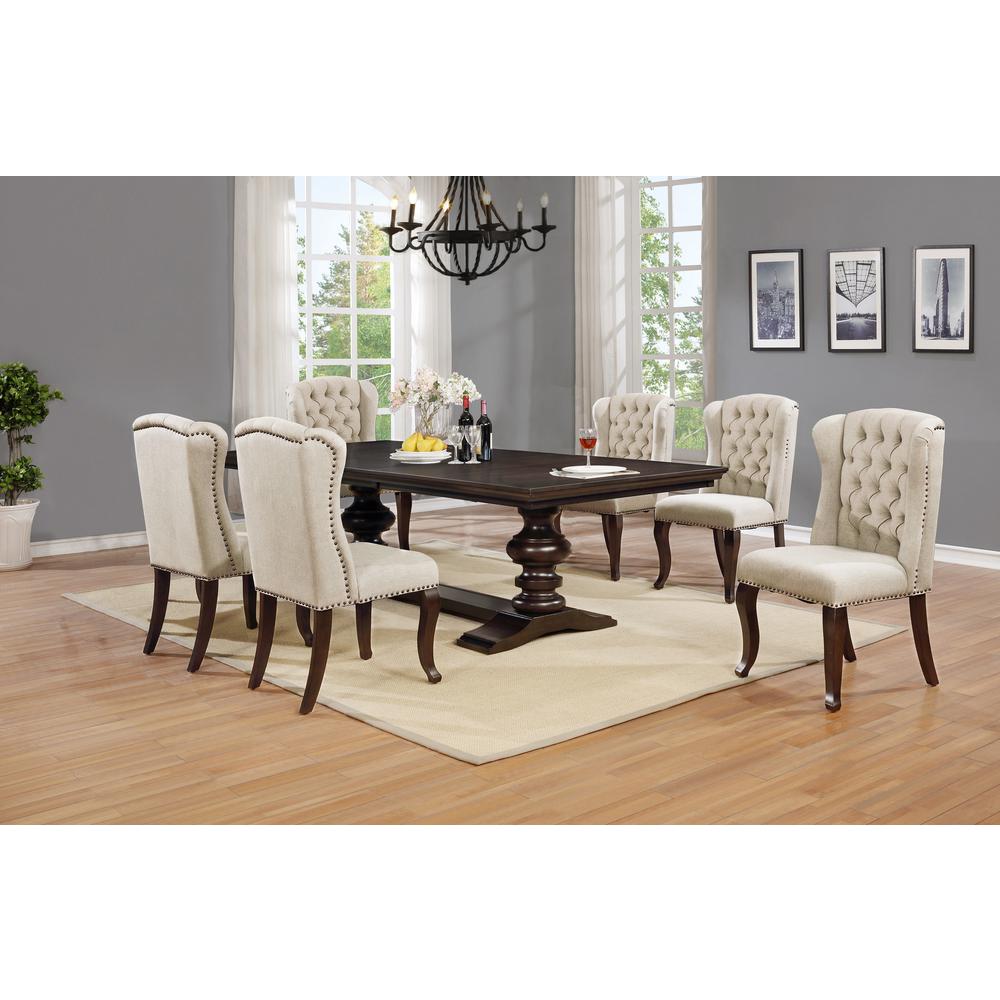 7 Piece Dining Set Extendable w/20"Center Leaf Extension & 6 Chairs in Beige Linen. Picture 2