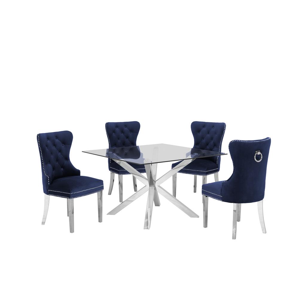 Stainless Steel 5 Piece Dining Set, w/ Navy Velvet Side Chairs 905. Picture 1