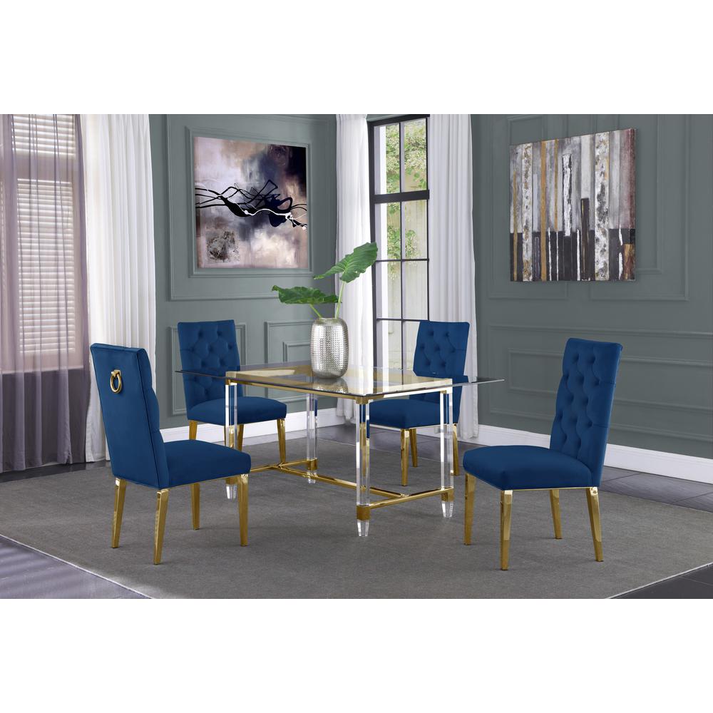 Acrylic Glass 5pc Gold Set Tufted Ring Chairs in Navy Blue Velvet. Picture 1