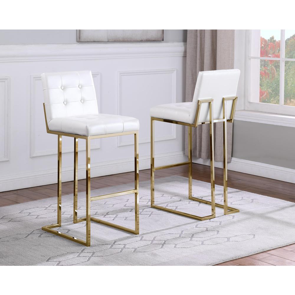27" Tufted White Faux Leather Barstool, Chrome Gold Base (Set of 2). Picture 2