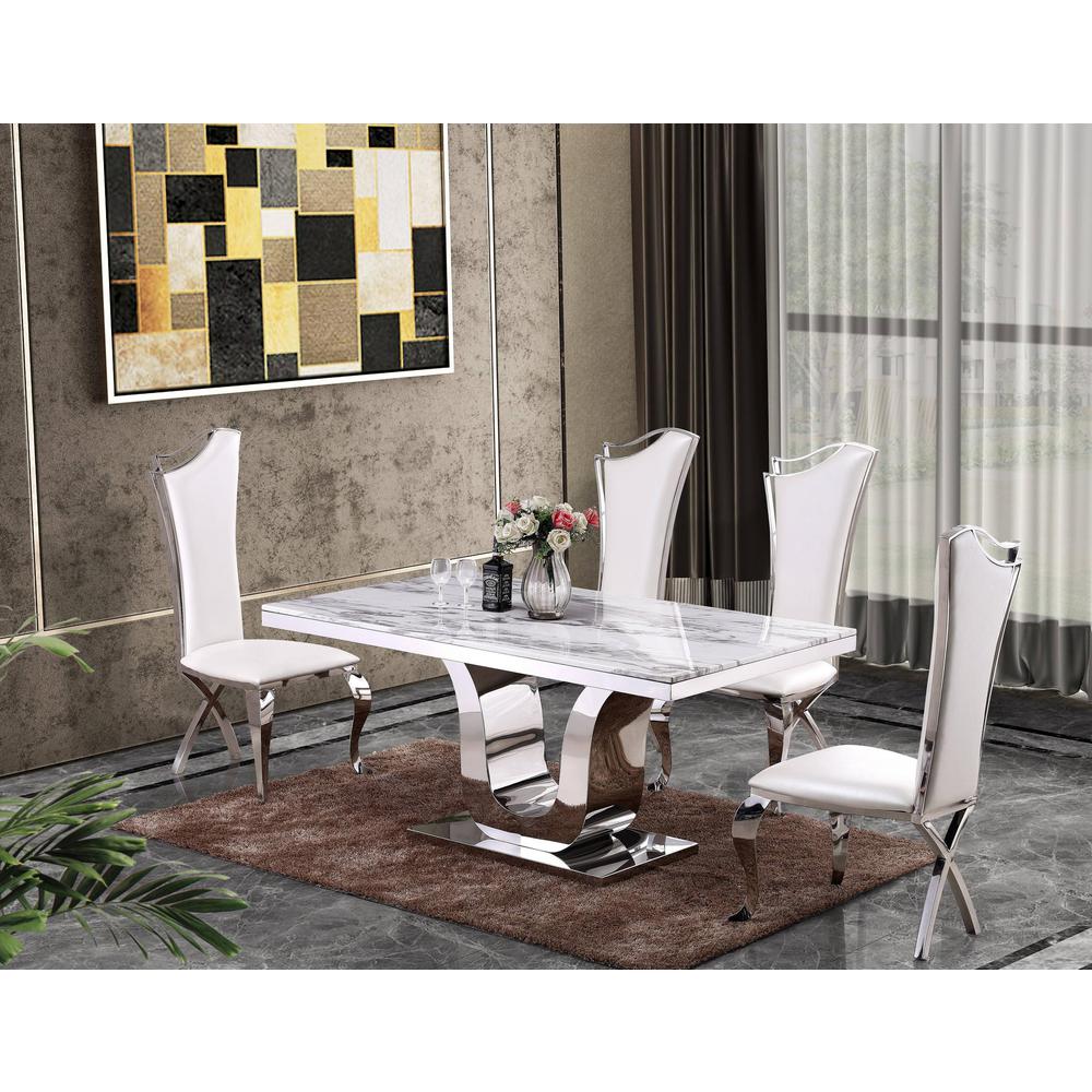 White Marble 5pc Set Non-Tufted Stainless Steel Chairs in White Faux Leather. Picture 1