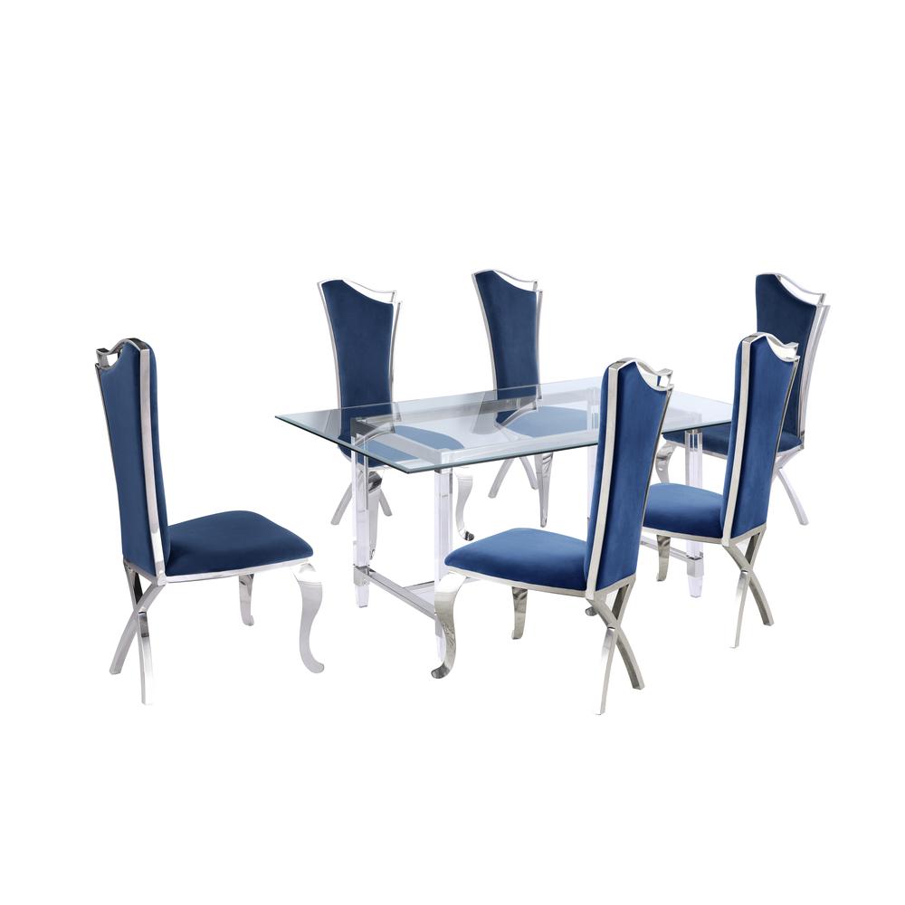 Tempered Glass 7 Piece Dining Set: Table Acrylic and Dining Chairs Stainless Steel in Navy Blue Velvet. Picture 1