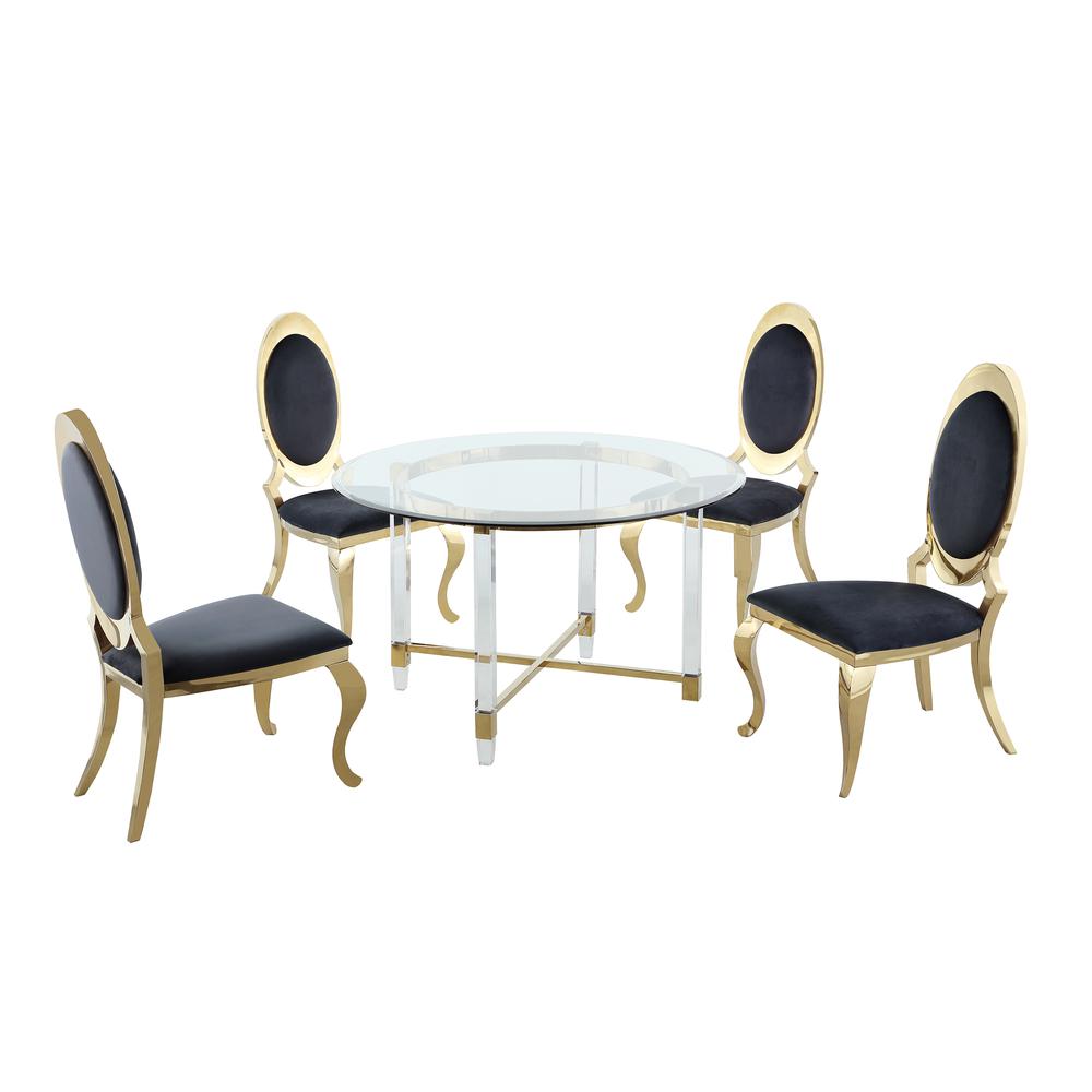 Round 5 Piece Dining Set Gold: Glass Table Acrylic, 4 Dining Chairs Stainless Steel in Black Velvet. The main picture.