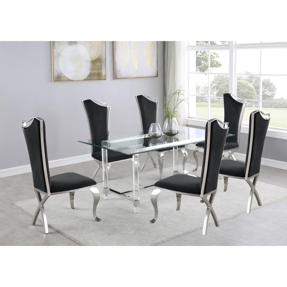 Tempered Glass 7 Piece Dining Set: Table Acrylic and Dining Chairs Stainless Steel in Black Velvet. Picture 2