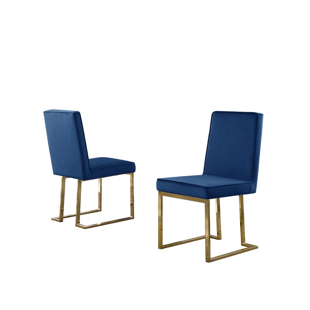 Navy Blue Velvet Upholstered Dining Side Chairs, Chrome Gold Base, Set of 2. Picture 1