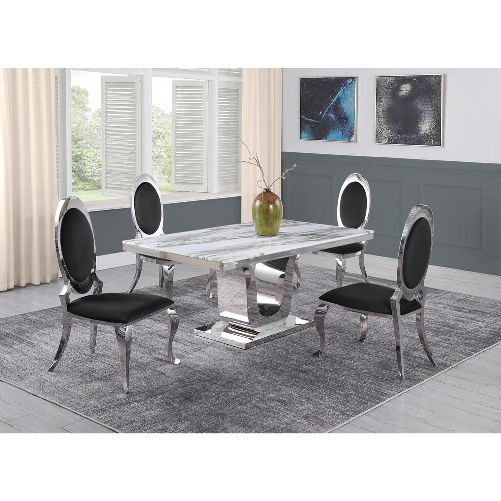 White Marble 5pc Set Stainless Steel Chairs in Black Velvet. Picture 1