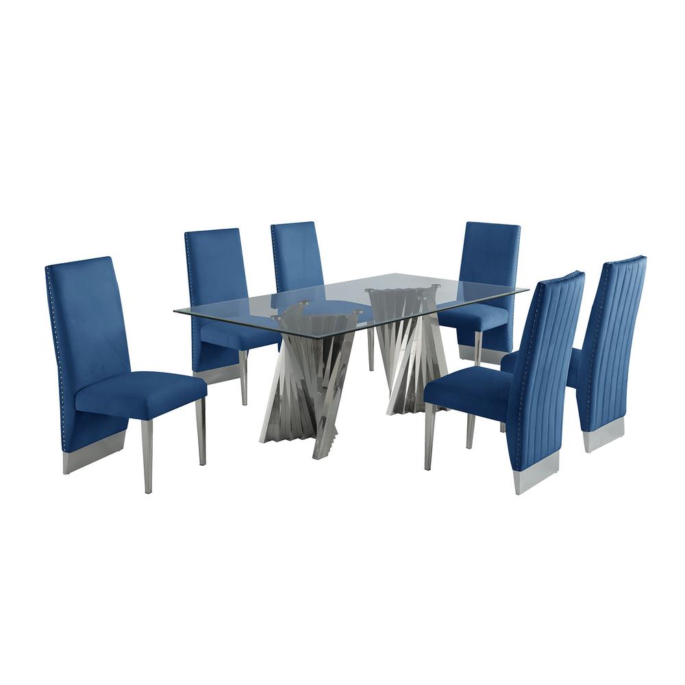Classic 7pc Dining Set w/Pleated Side Chair, Glass Table w/ Silver Spiral Base, Navy Blue. Picture 1