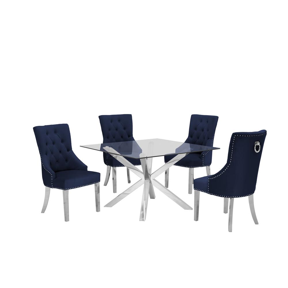 Stainless Steel 5 Piece Dining Set, Navy Velvet w/ Back Ring 570. Picture 1