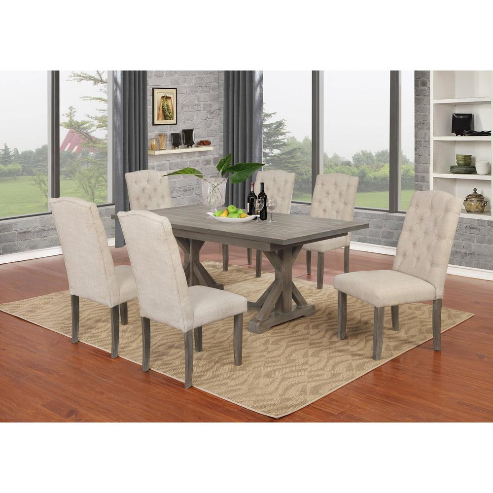 7PC Dining Set: 1 Dining Table, 6 Upholstered Side Chairs with Tufted Buttons, Beige. Picture 1