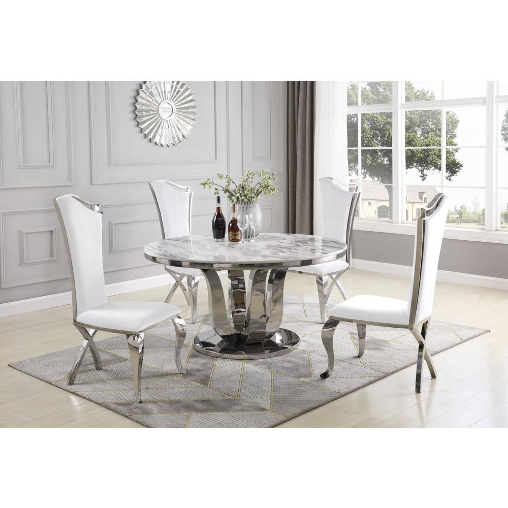 Classic 5pc Dining Set with Marble Top and Stainless Steel Base with Faux Leather Side Chairs, White.. Picture 1