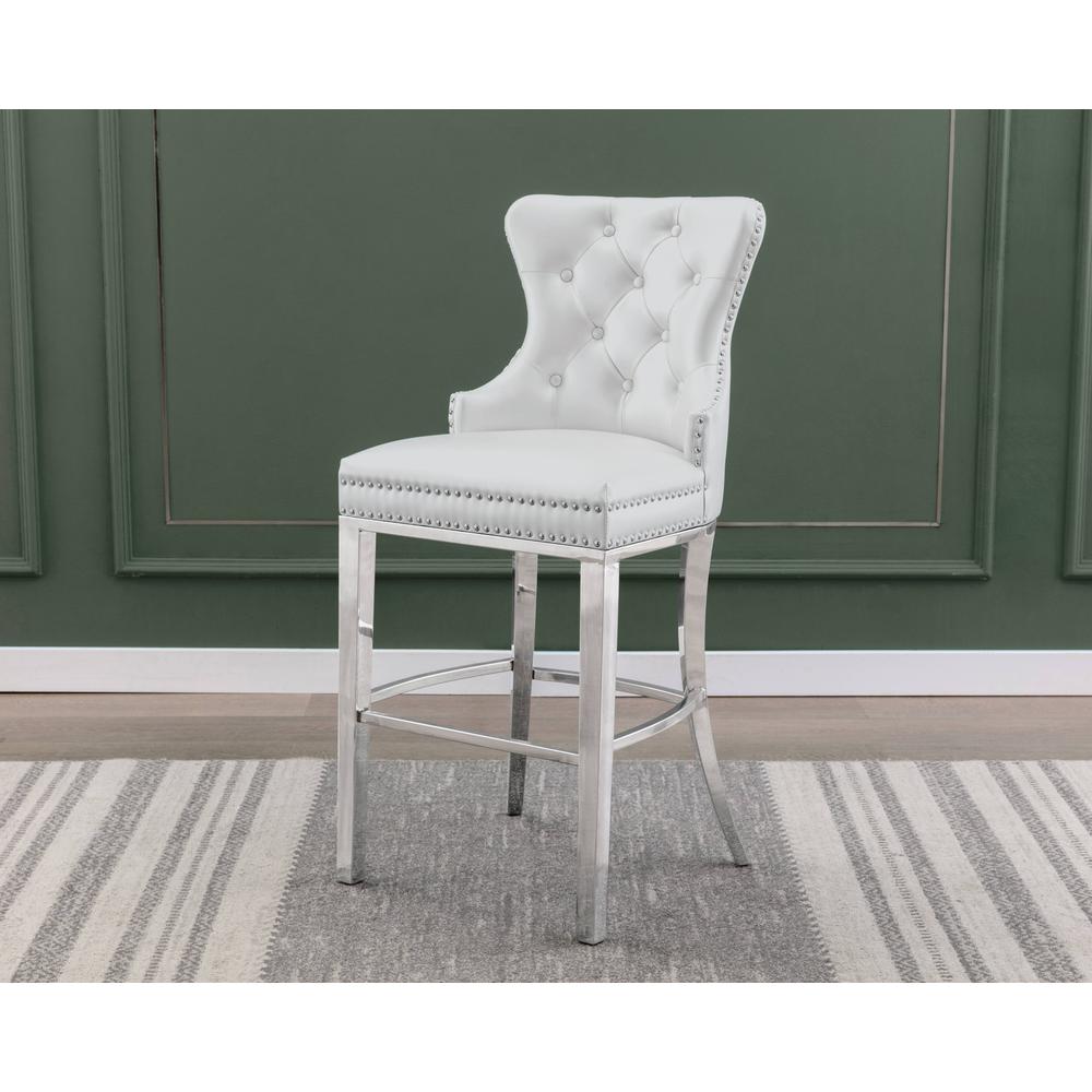 29" Uph Tufted Bar Stool Dining, White Faux Leather, Stainless Steel - Single. Picture 3