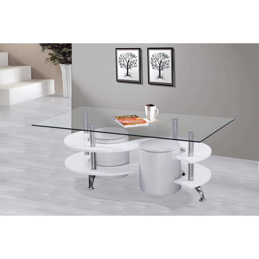 High Gloss Lacquer Coffee Table with Glass Top, Faux Leather Stools, and Stool Storage, White. Picture 2