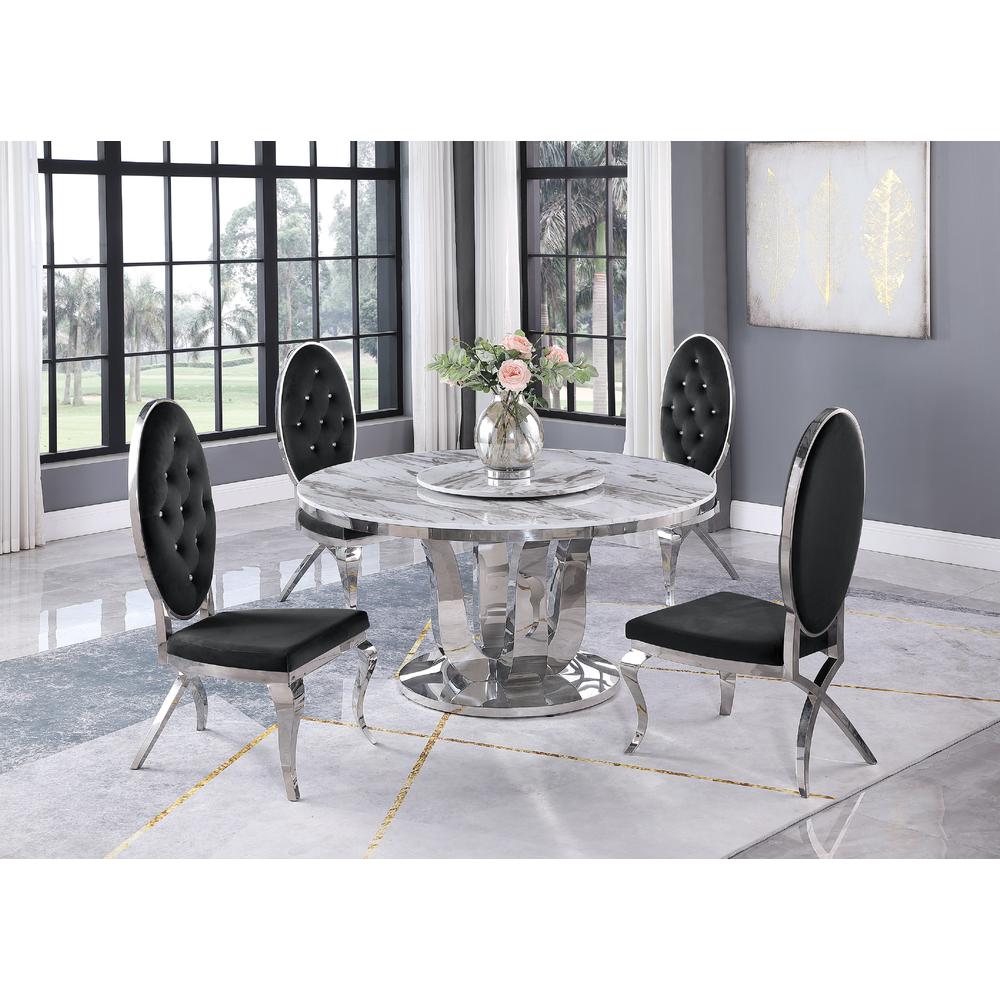 White Marble Lazy-Susan Dining Set Tufted Faux Crystal Chairs in Black Velvet. Picture 1