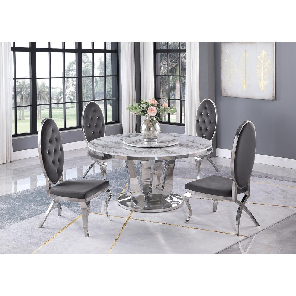 White Marble Lazy-Susan Dining Set Tufted Faux Crystal Chairs in Dark Grey Velvet. The main picture.