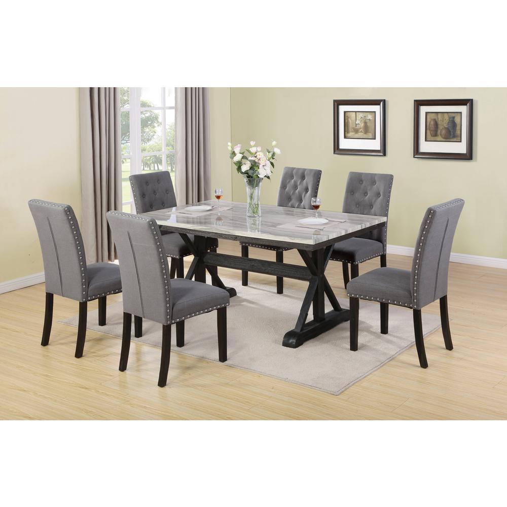 7PC Dining Set: 1 Dining Table with Faux Marble Top and 6 Upholstered Side Chairs with Tufted Buttons and Nailhead Trim. Picture 1