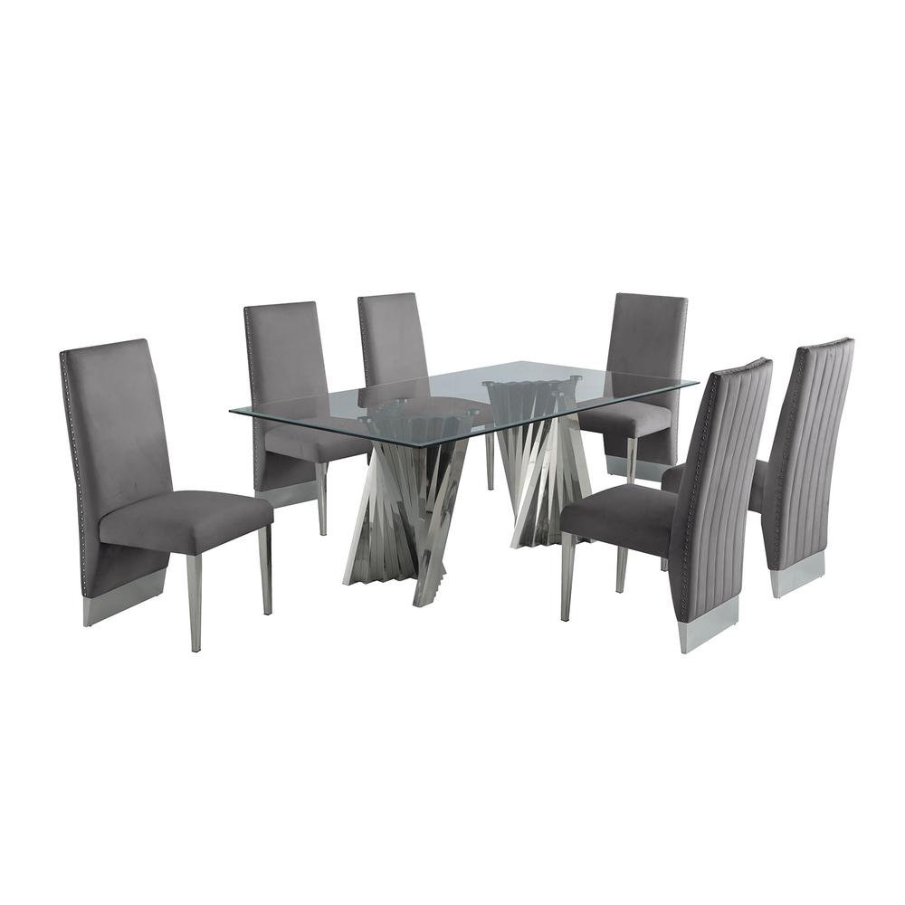 Classic 7pc Dining Set w/Pleated Side Chair, Glass Table w/ Silver Spiral Base, Dark Grey. Picture 1