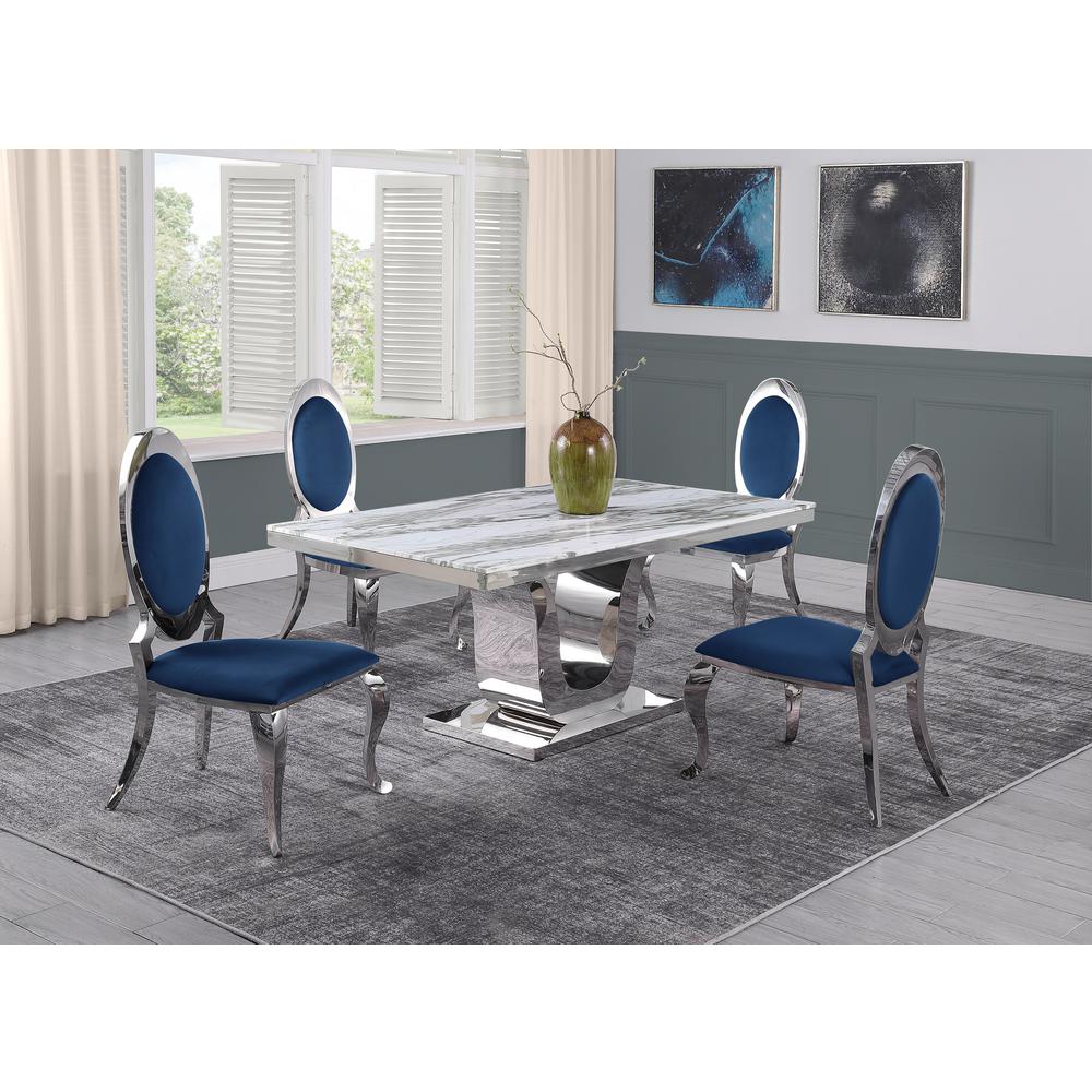 White Marble 5pc Set Stainless Steel Chairs in Navy Blue Velvet. Picture 1